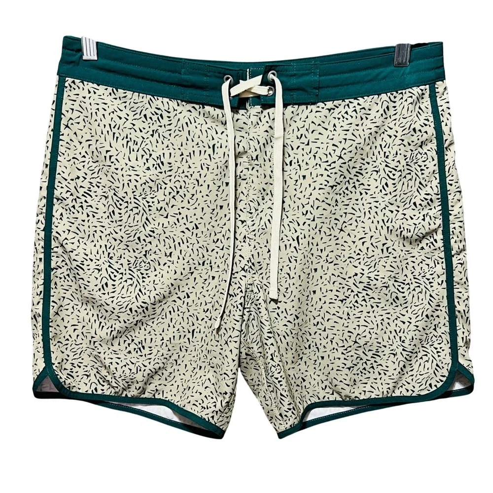 Prana Mens Board Shorts Sz 32 Tan Green Abstract Print Swim Trunks 7 Inch Inseam